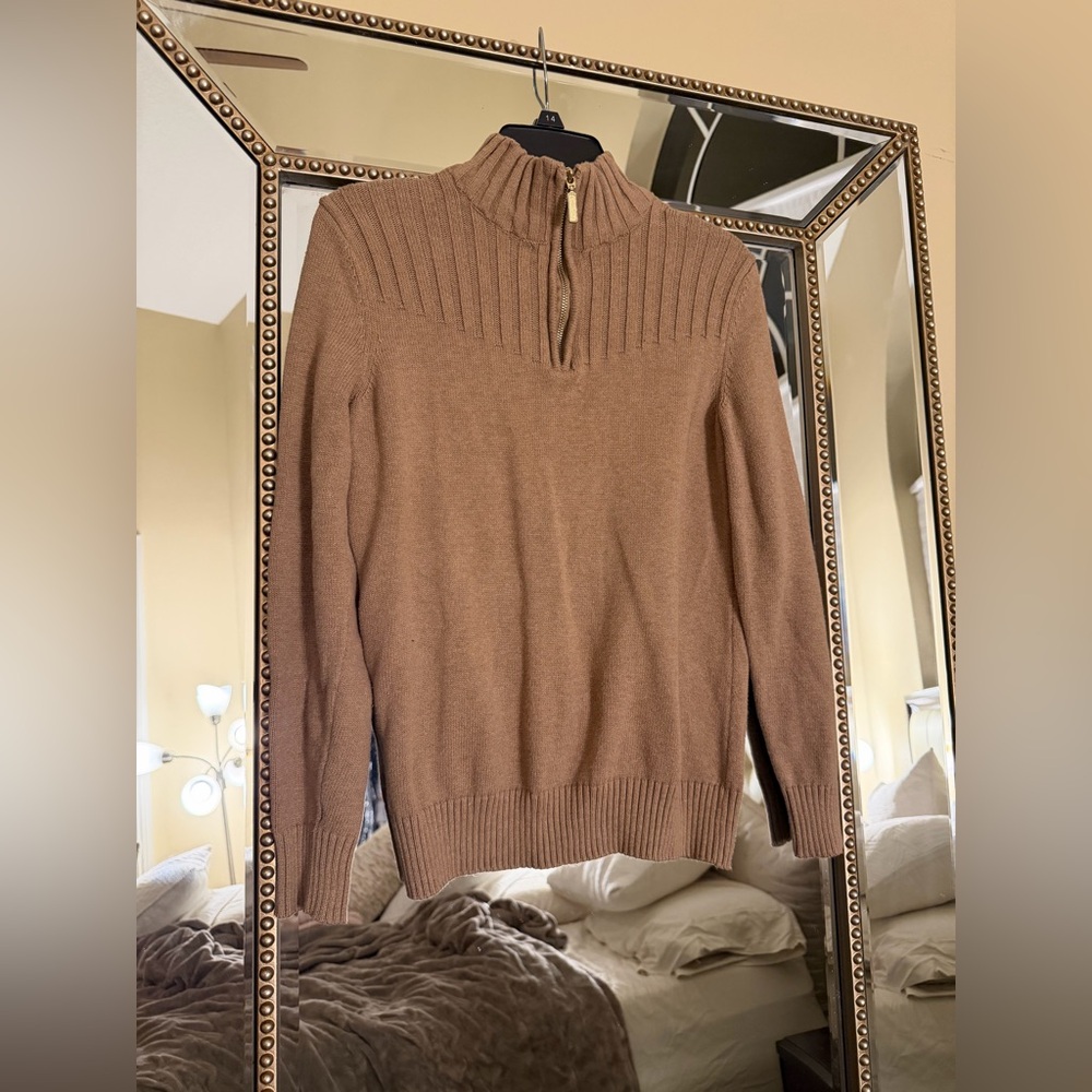 Kendra Scott Camel Ribbed Quarter-Zip Mock Neck Sweater